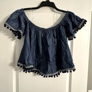 Ruffled Blue and Black Crop Blouse with Short Sleeves